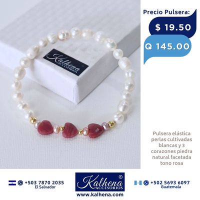 Pulsera corazones en piedra facetada y perlas cultivadas Jaspe rosa Pulsera corazones en piedra facetada y perlas cultivadas Jaspe rosa