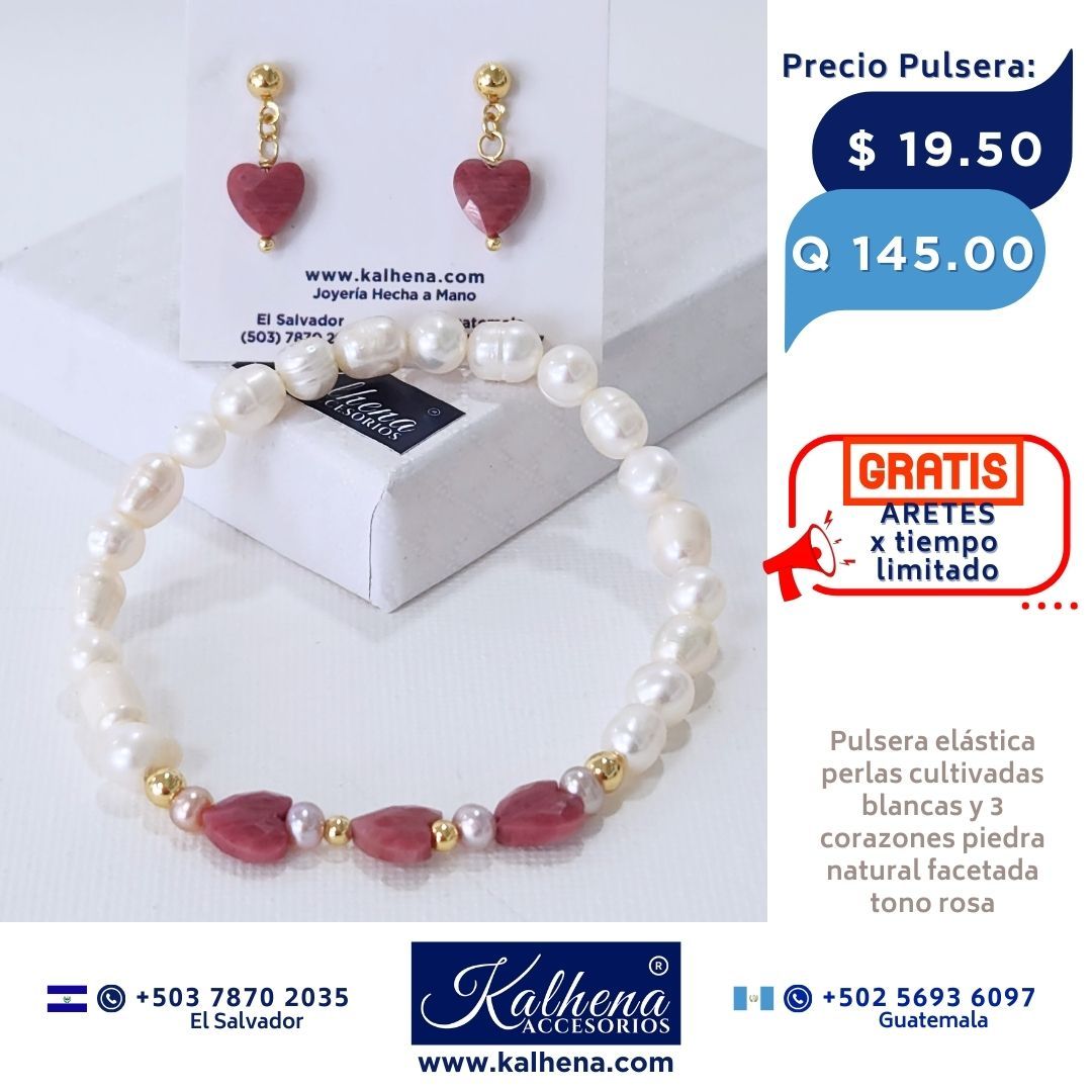 Pulsera corazones en piedra facetada y perlas cultivadas