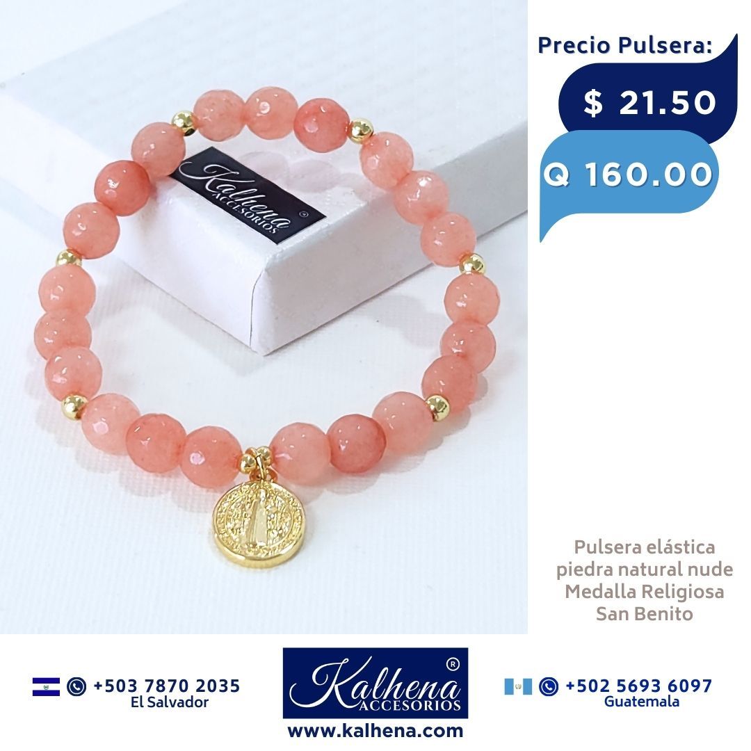 Pulsera piedra natural tono nude y Medalla San Benito