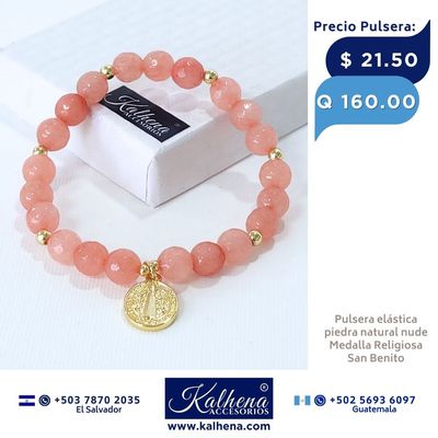 Pulsera piedra natural tono nude y Medalla San Benito