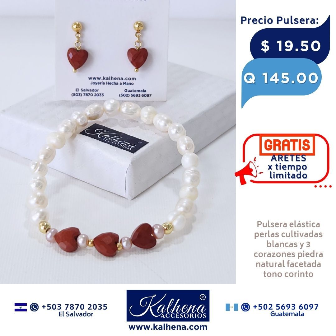 Pulsera corazones en piedra facetada y perlas cultivadas