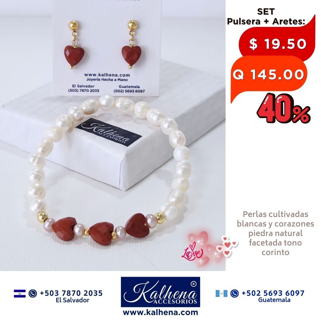 SET Pulsera y Aretes corazones en piedra facetada con perlas cultivadas Jaspe corinto