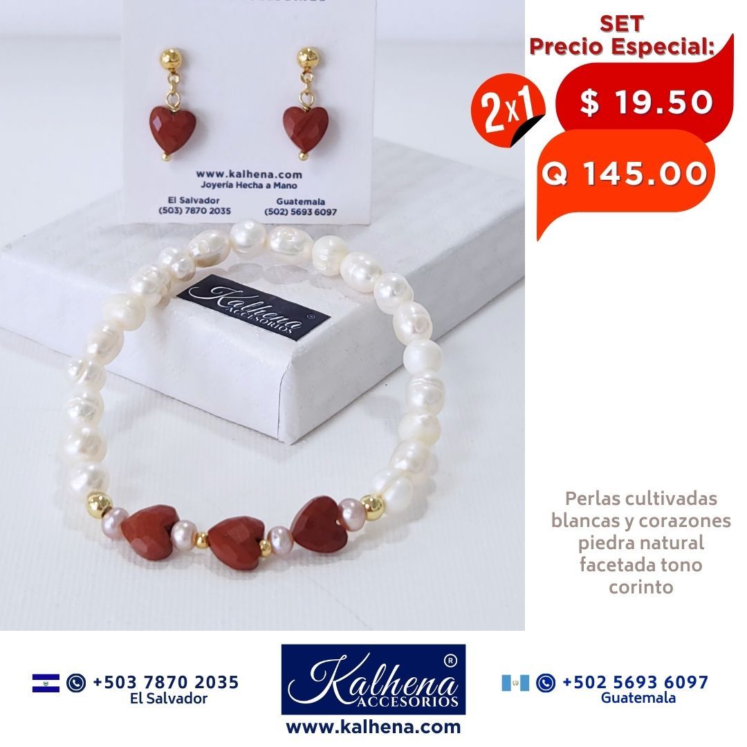 2x1 Set Pulsera y Aretes corazones en piedra facetada con perlas cultivadas Jaspe corinto