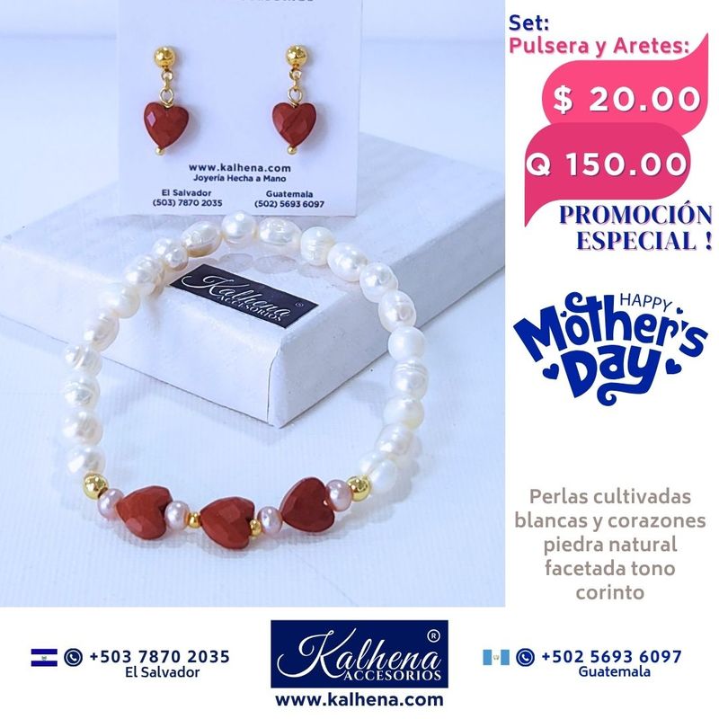 Promoción:  Pulsera y Aretes corazones en piedra facetada con perlas cultivadas Jaspe corinto