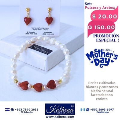 Promoción:  Pulsera y Aretes corazones en piedra facetada con perlas cultivadas Jaspe corinto