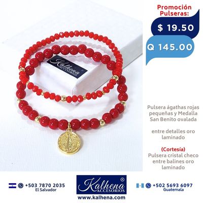 Pulsera piedra natural ágathas rojas pequeñas y Medalla San Benito