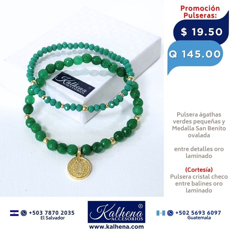 Pulsera piedra natural ágathas verdes pequeñas y Medalla San Benito