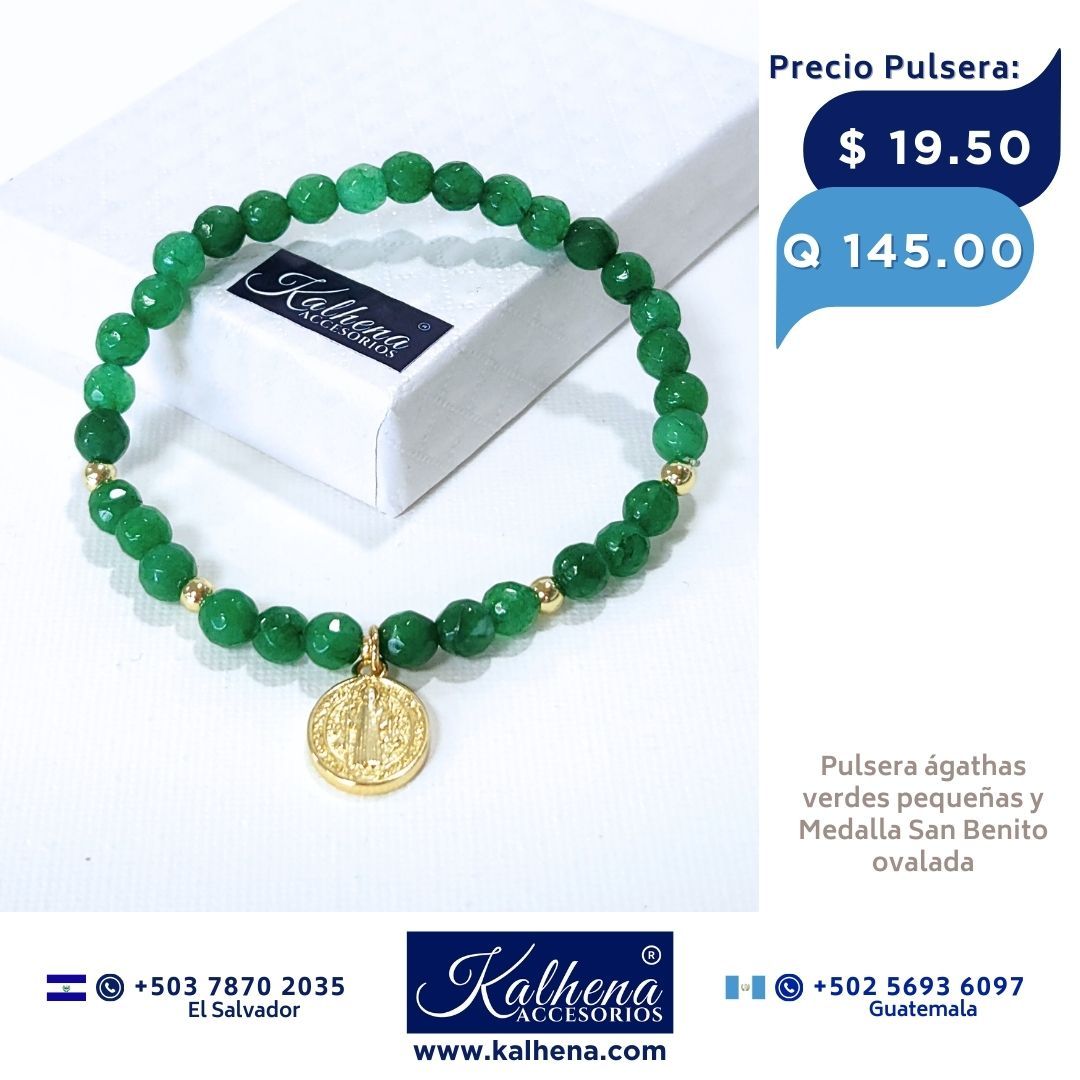 Pulsera piedra natural ágathas verdes pequeñas y Medalla San Benito