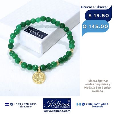 Pulsera piedra natural ágathas verdes pequeñas y Medalla San Benito