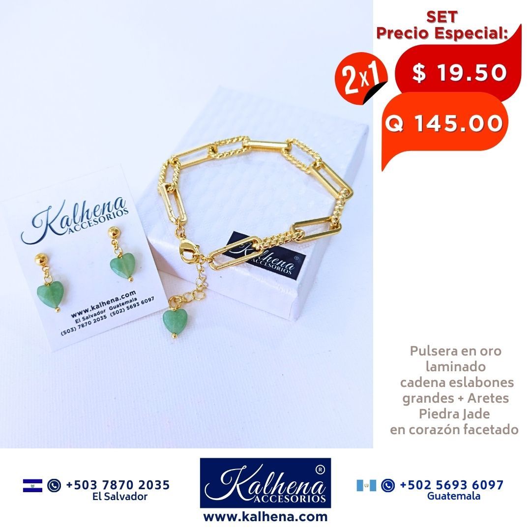 2x1 Pulsera y Aretes cadena eslabones grandes en oro laminado