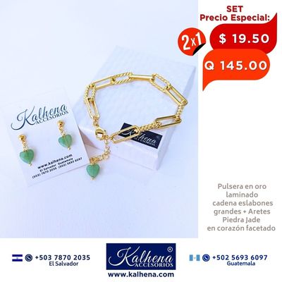 2x1 Pulsera y Aretes cadena eslabones grandes en oro laminado