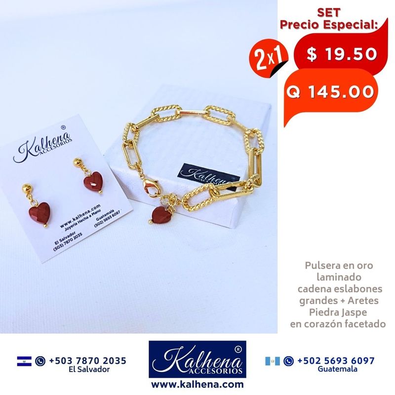 2x1 Pulsera y aretes cadena eslabones grandes en oro laminado