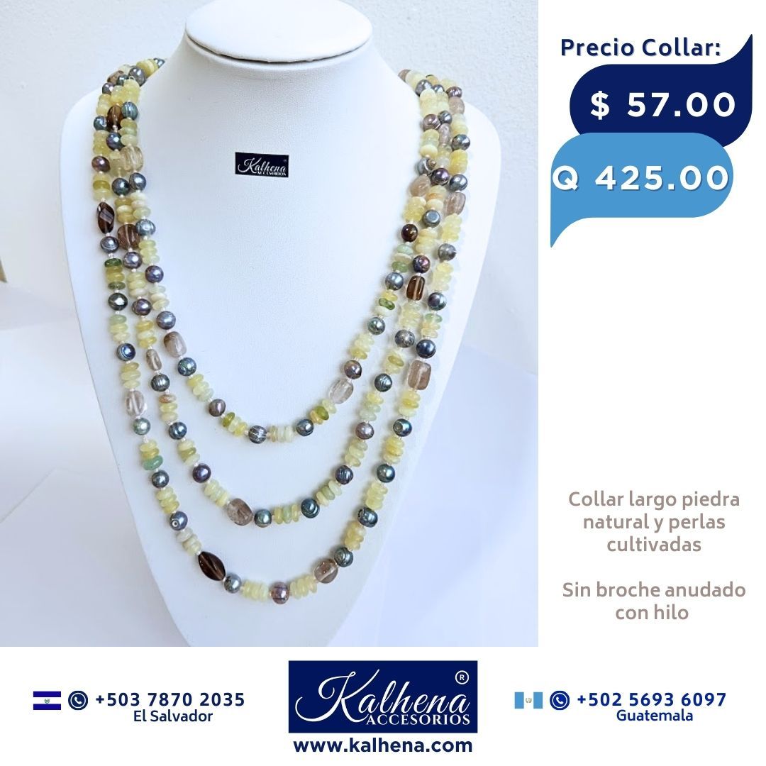 Collar largo perlas cultivadas verde y piedra natural