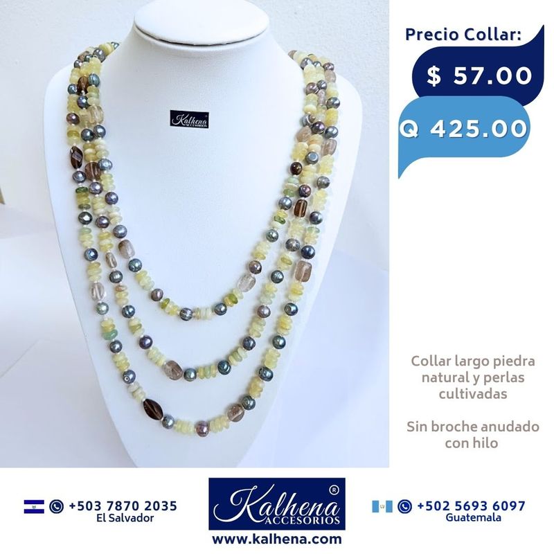 Collar largo perlas cultivadas verde y piedra natural
