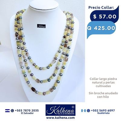 Collar largo perlas cultivadas verde y piedra natural