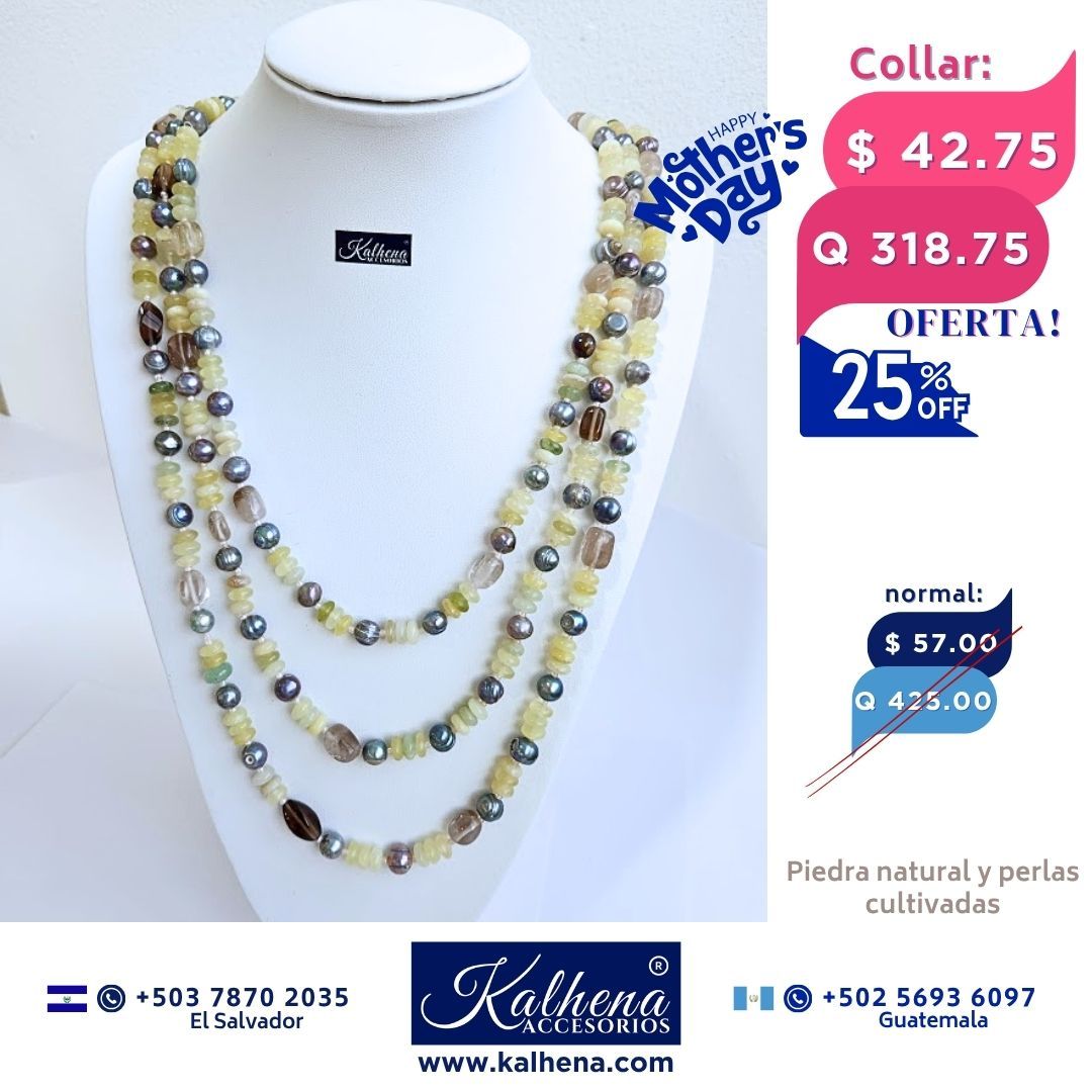 Collar largo perlas cultivadas verde y piedra natural