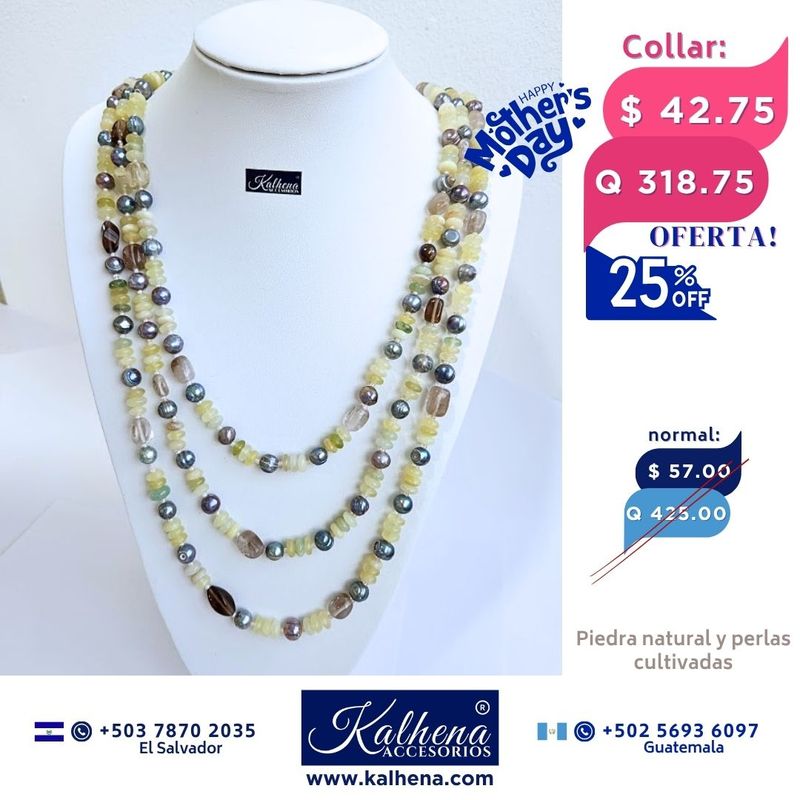 Collar largo perlas cultivadas verde y piedra natural Collar largo perlas cultivadas verde y piedra natural