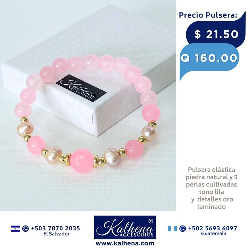 Pulsera piedra natural cuarzos rosa y 5 perlas cultivadas lila Pulsera piedra natural cuarzos rosa y 5 perlas cultivadas lila