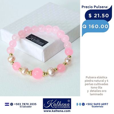 Pulsera piedra natural cuarzos rosa y 5 perlas cultivadas lila Pulsera piedra natural cuarzos rosa y 5 perlas cultivadas lila