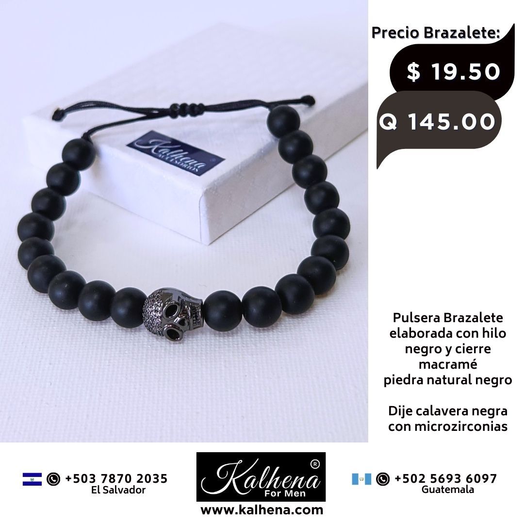 Pulsera Brazalete piedra volcánica y dije calavera