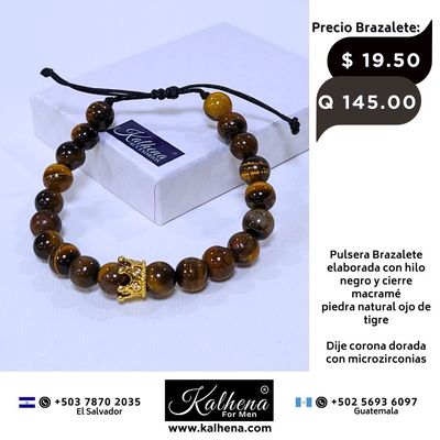 Pulsera Brazalete piedra ojo de tigre dije corona dorada