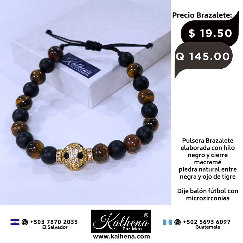 Pulsera Brazalete piedra negra y balon futbol dorado