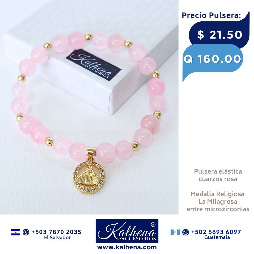Pulsera piedra natural cuarzos rosa y Medalla La Milagrosa