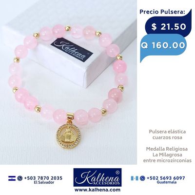 Pulsera piedra natural cuarzos rosa y Medalla La Milagrosa