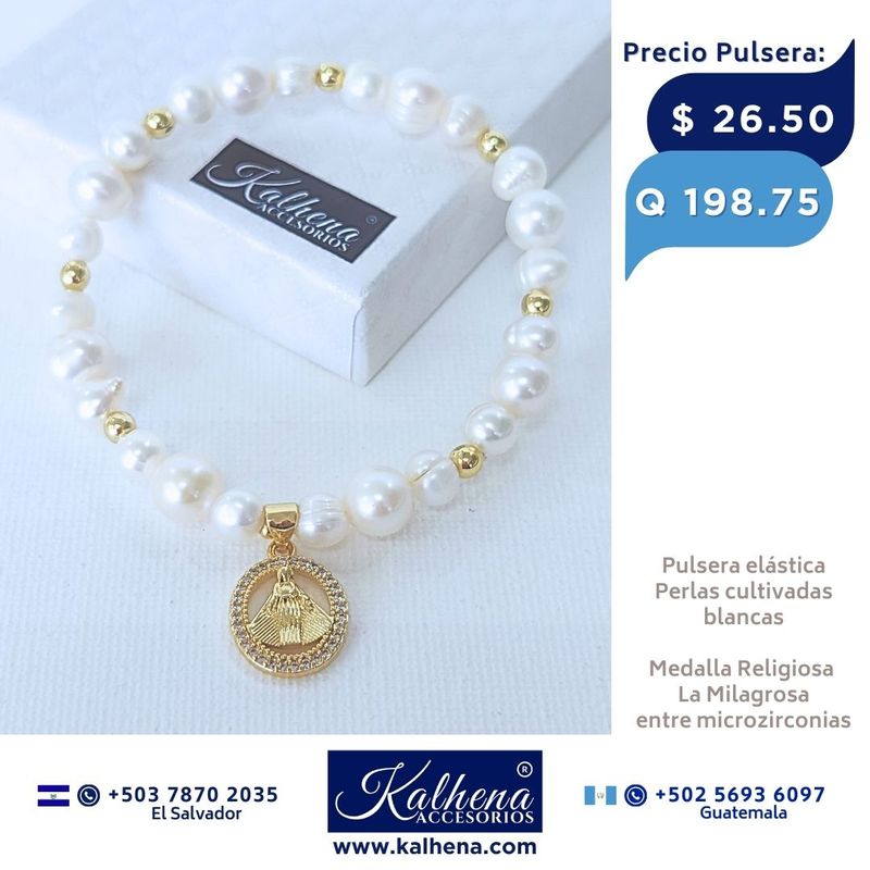 Pulsera perlas cultivadas blancas Medalla La Milagrosa Pulsera perlas cultivadas blancas Medalla La Milagrosa