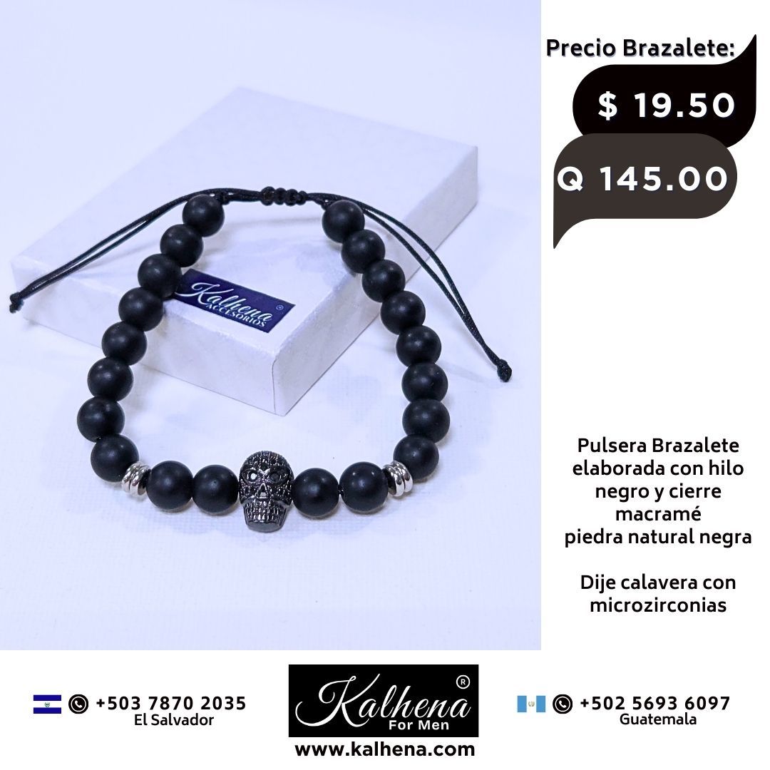 Pulsera Brazalete piedra natural negra y dije calavera