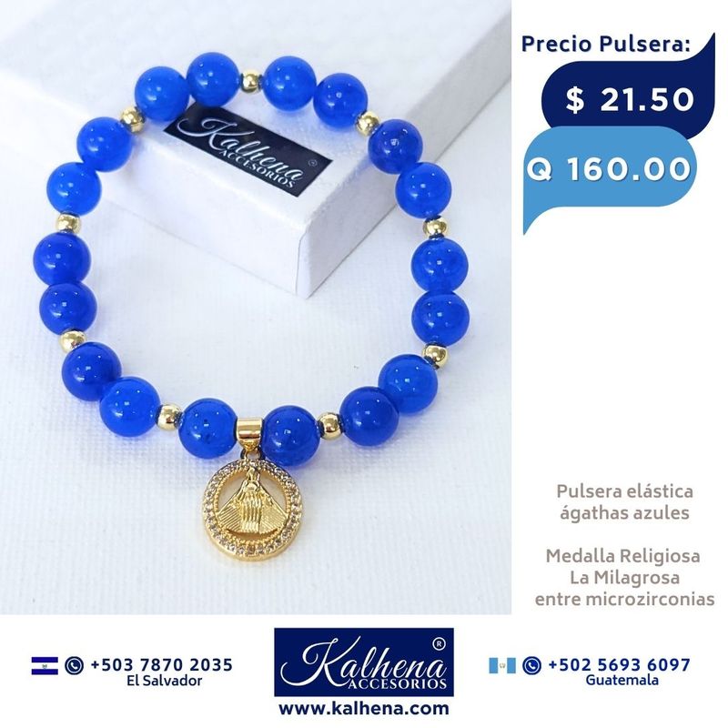 Pulsera piedra natural Agathas azules y Medalla La Milagrosa Pulsera piedra natural Agathas azules y Medalla La Milagrosa