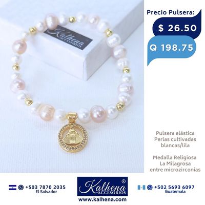 Pulsera perlas cultivadas blancas/lila Medalla La Milagrosa