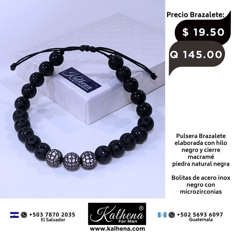 Pulsera Brazalete piedra negra bolitas acero inox negras con microzirconias