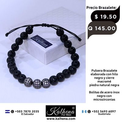 Pulsera Brazalete piedra negra bolitas acero inox negras con microzirconias