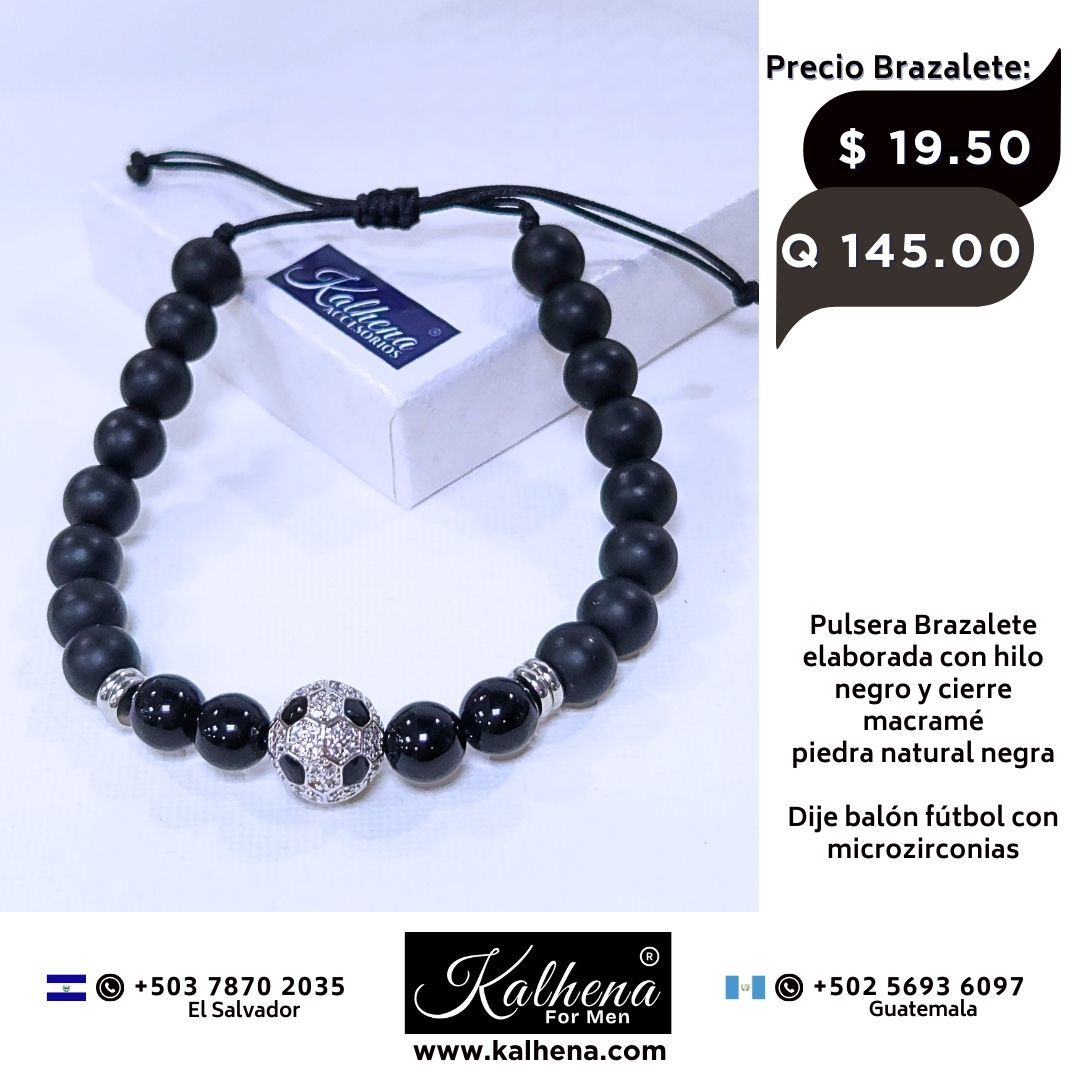 Pulsera Brazalete piedra negra y balon futbol plateado