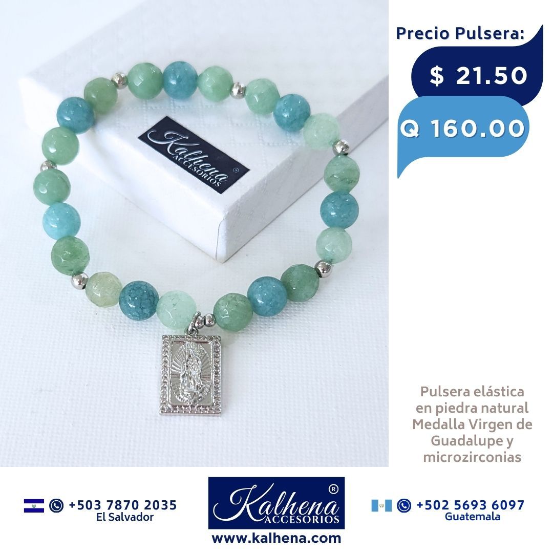 Pulsera piedra natural y Medalla Virgen de Guadalupe plateada