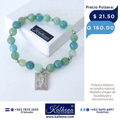Pulsera piedra natural y Medalla Virgen de Guadalupe plateada