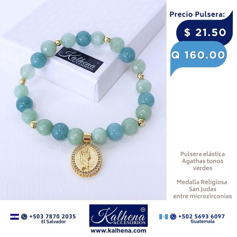 Pulsera piedra natural Agathas verdes y Medalla San Judas Pulsera piedra natural Agathas verdes y Medalla San Judas
