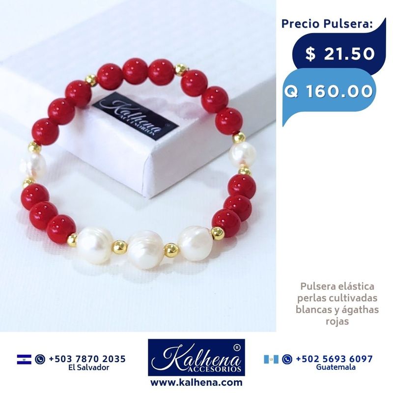 Pulsera y Aretes Agathas rojas y perlas cultivadas Pulsera y Aretes Agathas rojas y perlas cultivadas