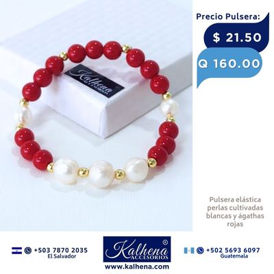 Pulsera y Aretes Agathas rojas y perlas cultivadas