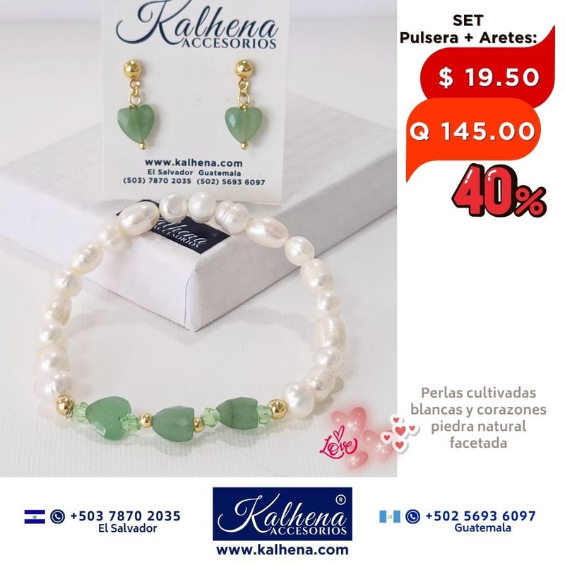SET Pulsera y Aretes corazones en piedra facetada con perlas cultivadas SET Pulsera y Aretes corazones en piedra facetada con perlas cultivadas