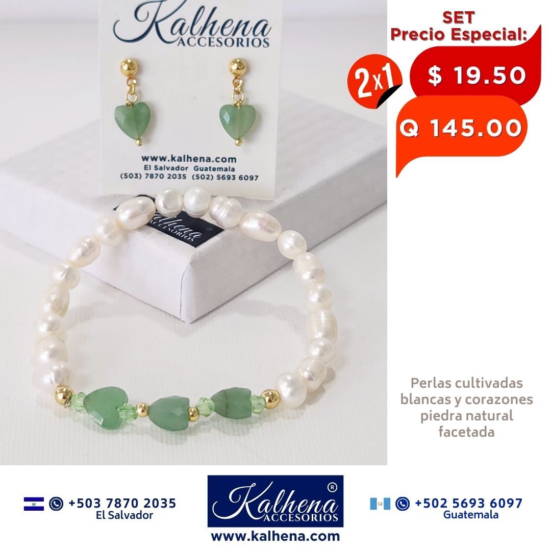 2x1 Set Pulsera y Aretes corazones en piedra facetada con perlas cultivadas