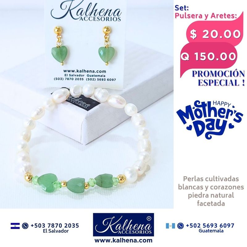 Promoción:  Pulsera y Aretes corazones en piedra facetada con perlas cultivadas