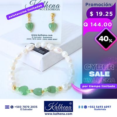 Promoción:  Pulsera y Aretes corazones en piedra facetada con perlas cultivadas