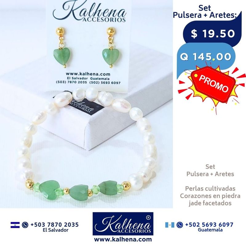 Promoción:  Pulsera y Aretes corazones en piedra facetada con perlas cultivadas