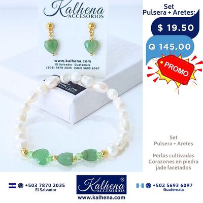Promoción:  Pulsera y Aretes corazones en piedra facetada con perlas cultivadas