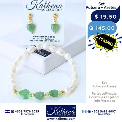 Promoción:  Pulsera y Aretes corazones en piedra facetada con perlas cultivadas