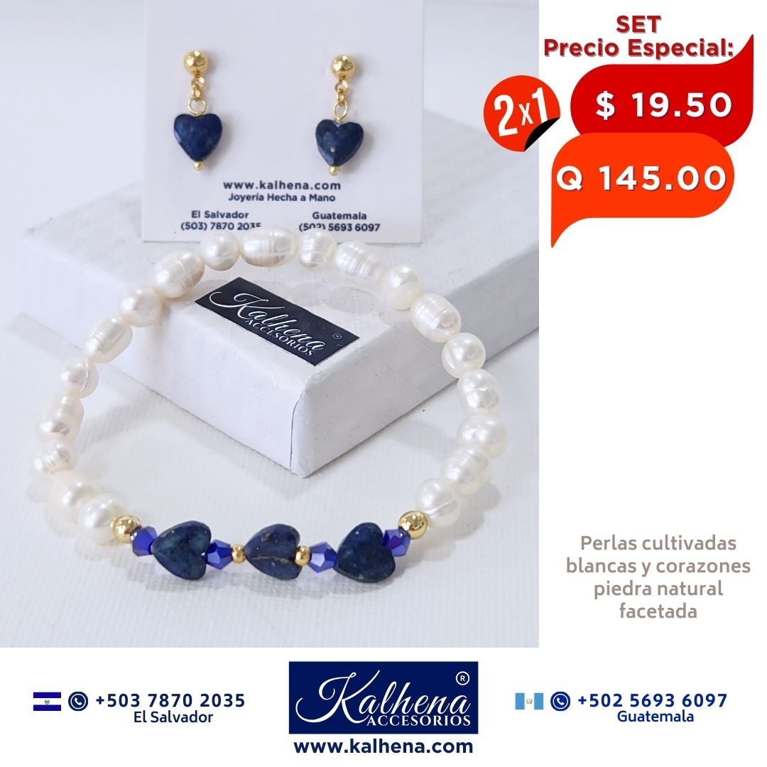 2x1 Set Pulsera y Aretes corazones en piedra facetada con perlas cultivadas