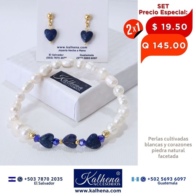 2x1 Pulsera y Aretes corazones en piedra facetada con perlas cultivadas
