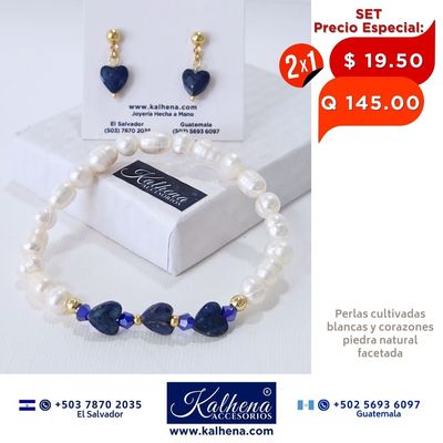 2x1 Pulsera y Aretes corazones en piedra facetada con perlas cultivadas